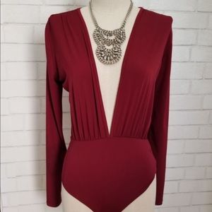 Sleek dark wine low neck long sleeve one piece